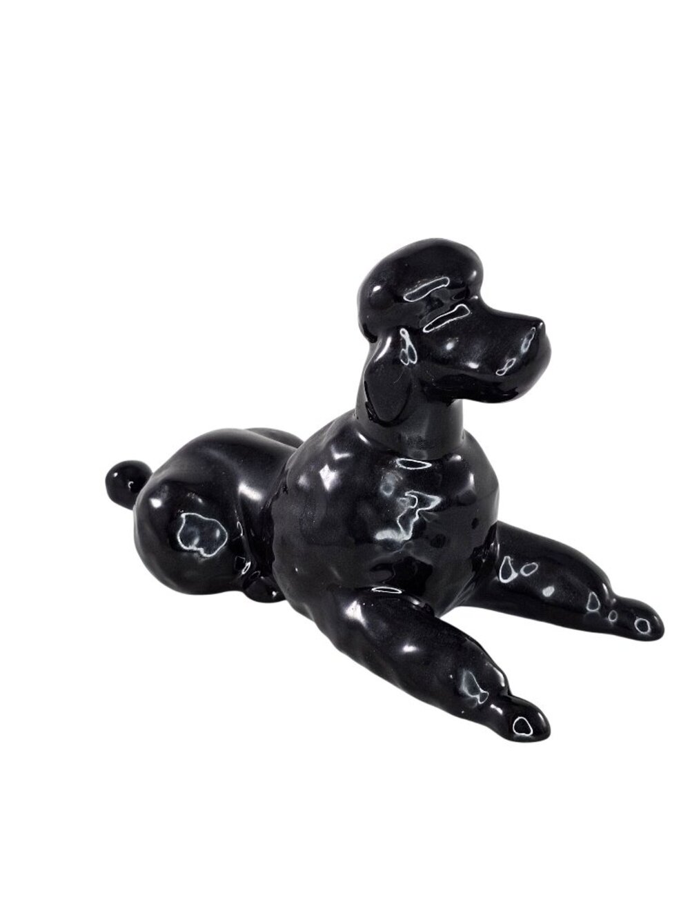 Black Glazed Ceramic Poodle Figurine Lying Down Decorative Accent Piece MCM